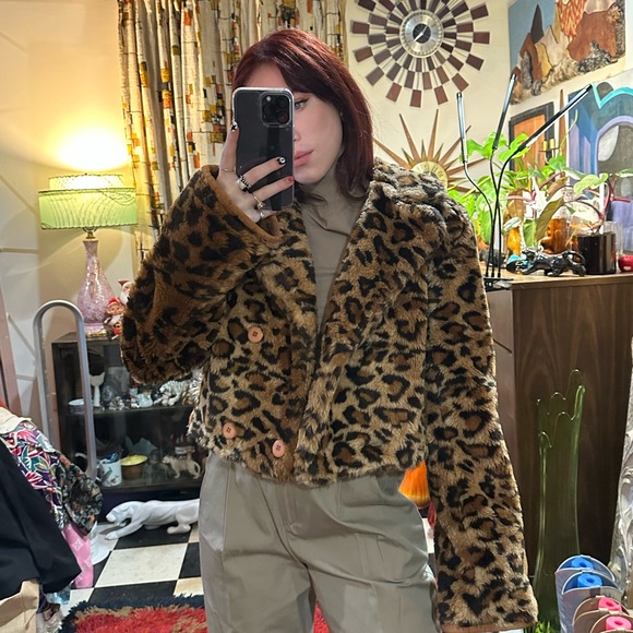 Vintage 90s fuzzy faux fur cropped chunky jacket S leopard cheetah - Picture 10 of 12